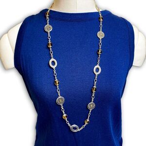 Premier Designs Silver Link Necklace w Amber Colored Glass Beads 35 Inch